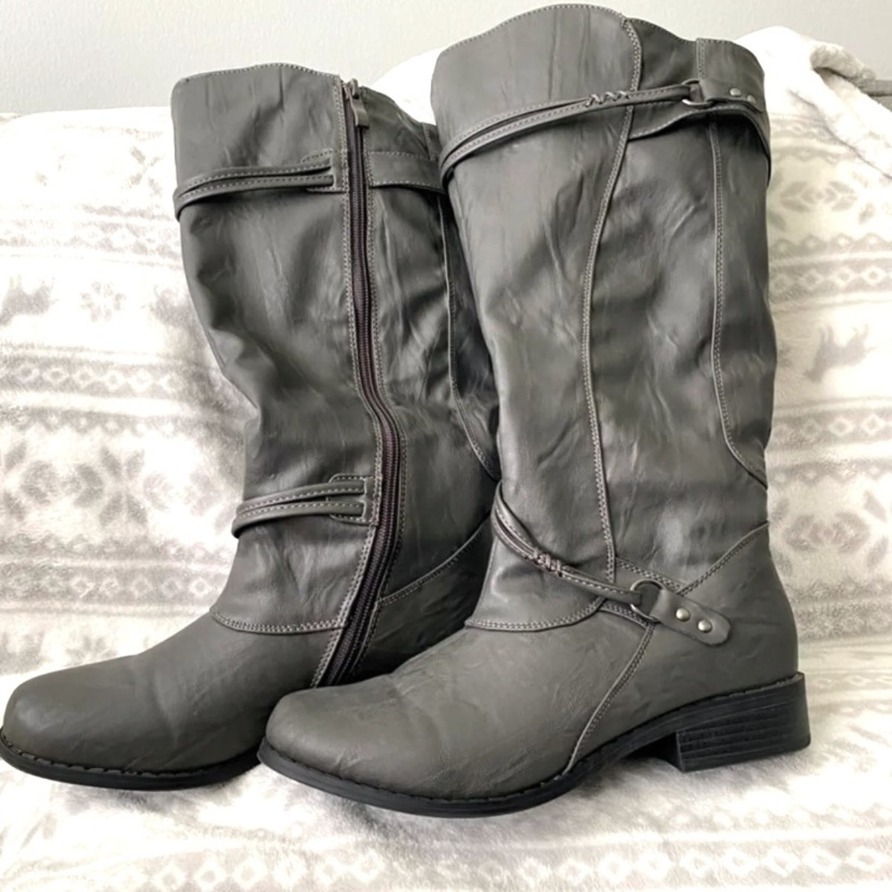 Grey Slouchy Low Heel Boots, Size 8